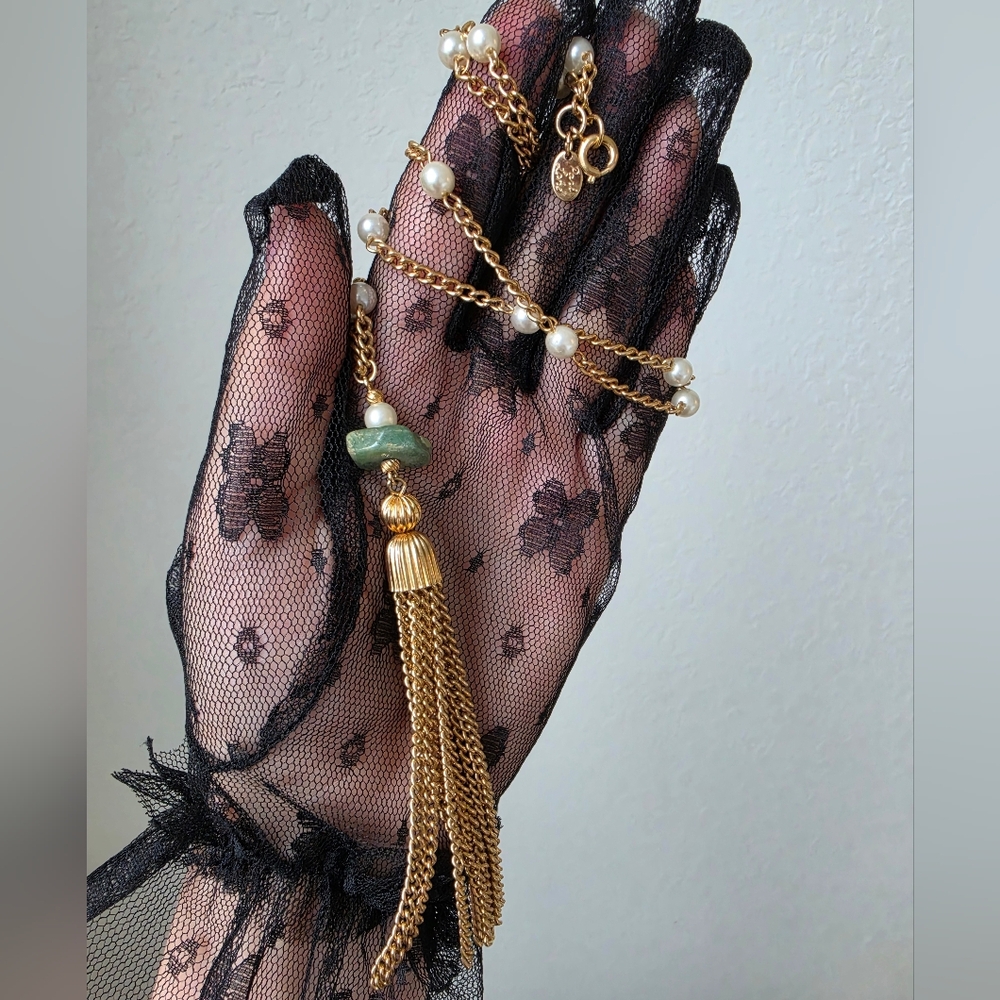 Park Lane Vintage Tassel Necklace Pearl Jade Gold Tone Statement Necklace